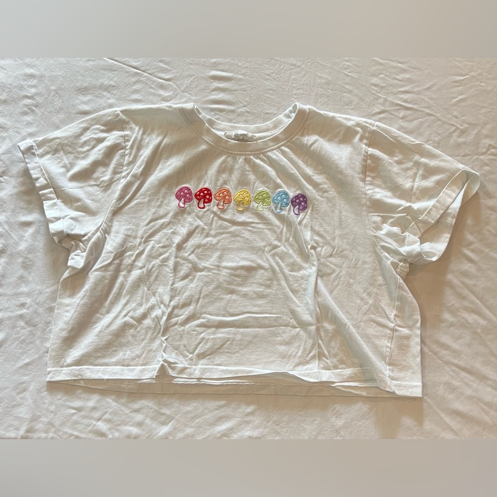 White Multicolored Mushroom Shirt Cropped